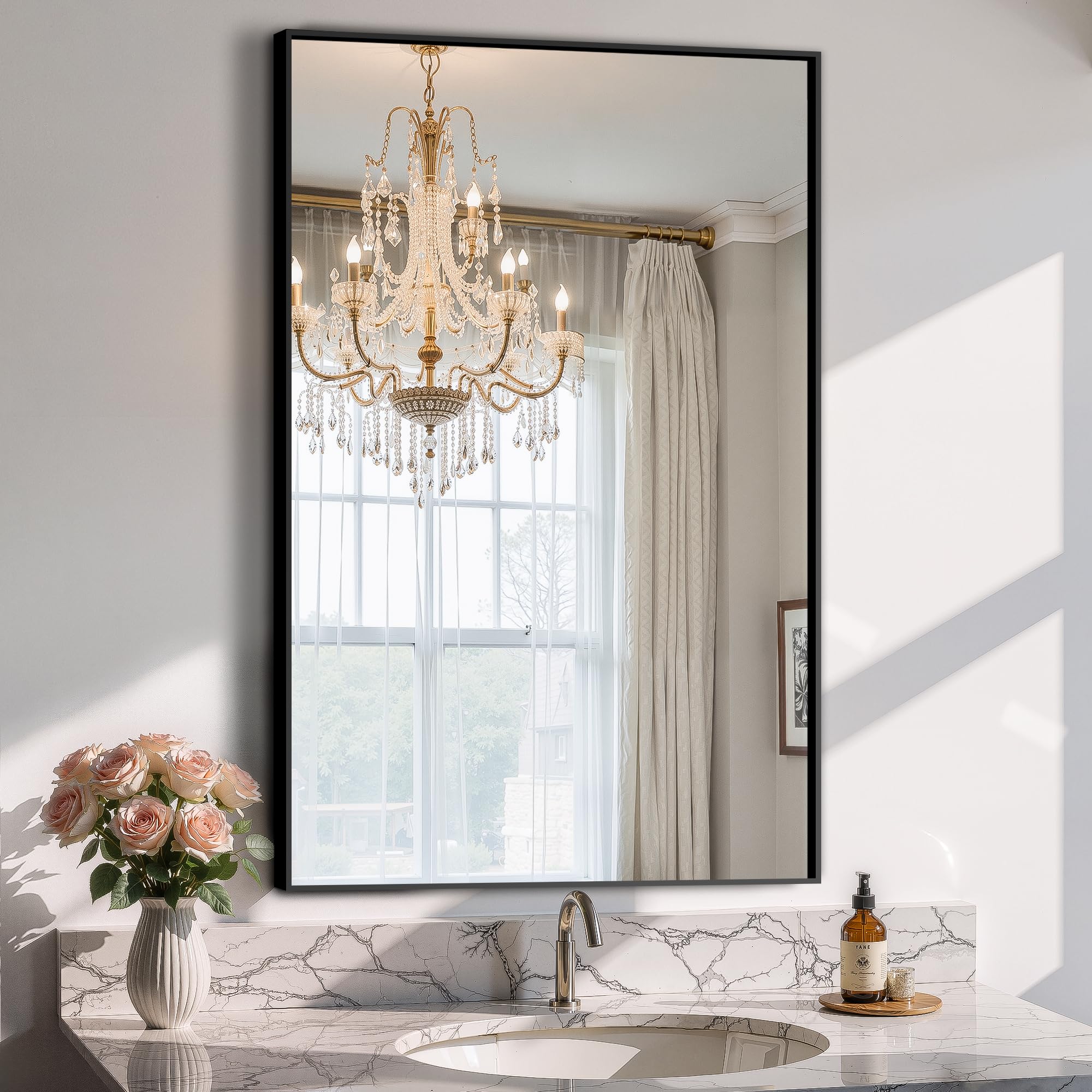 TRAHOME Bathroom Vanity Mirror for Wall, 36" x 24" Metal Framed Rectangular Bathroom Wall Mirror for Over Sink, HD Shatterproof Glass, Hangs Horizontally or Vertically(Black)