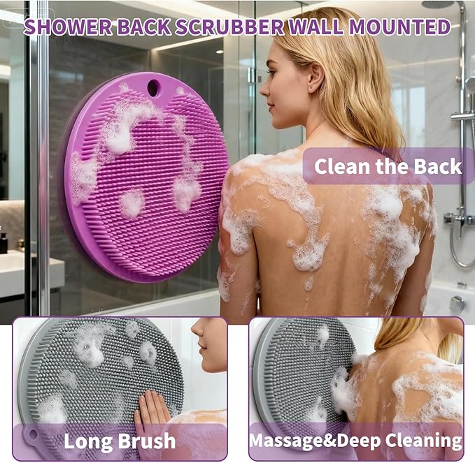 2 Pack Shower Foot Scrubber & Shower Back Scrubber Wall Mounted with Delicate Brush,Gentle Exfoliation Non-Slip Foot Scrubber Mat (Gray and Purple)