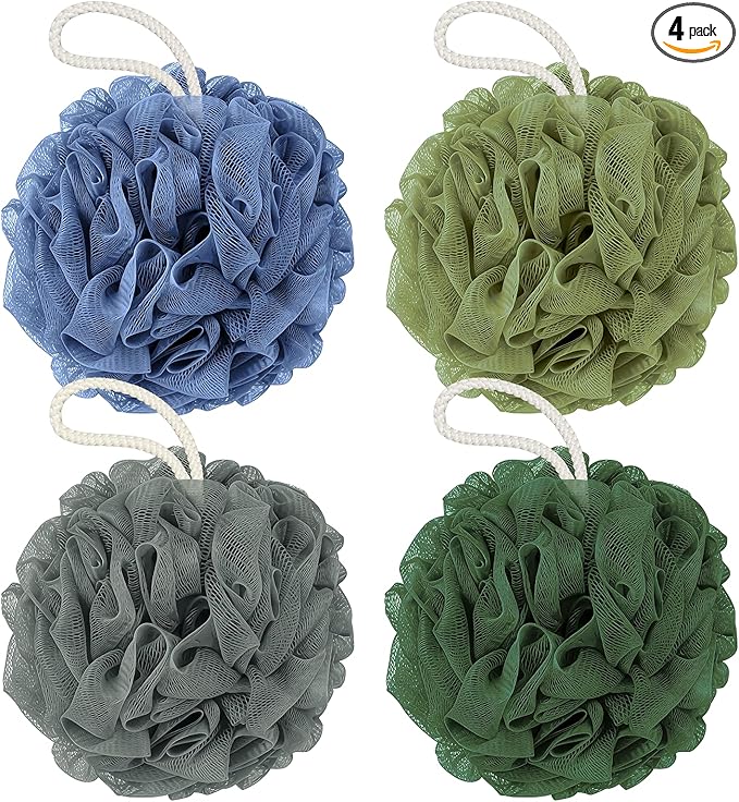 Rnoafmu Shower Loofah Bath Sponge, 60G Loofah Exfoliating Body Scrubber, 4 Color Mesh Shower Pouf Balls for Body Wash (Yellow Red Green Blue)