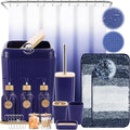 XLHOMO 32PCS Bathroom Sets with Shower Curtain and Rugs Navy Blue Shower Curtain Set 3PCS Soap Dispenser Bathroom Accessories with Bathroom Trash Can