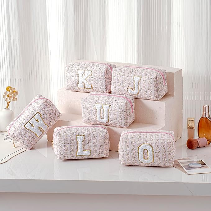 JOVAKIT Alphabet Makeup Bag Cosmetic Bag for Women, Christmas Gifts for Girls Age 6-18, Floral Flowers Coquette Travel Toiletry Zipper Make Up Pouch Organizer Trendy Stuff (Pink Floral K)