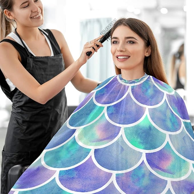 visesunny Pretty Mermaid Scale Barber Cape Anti-Static Hair Cutting Cape with Snap Closure Professional Salon Polyester Cape Barber Water-Resistant Hairdressing Cape Adjustable Snap for Hairstylists