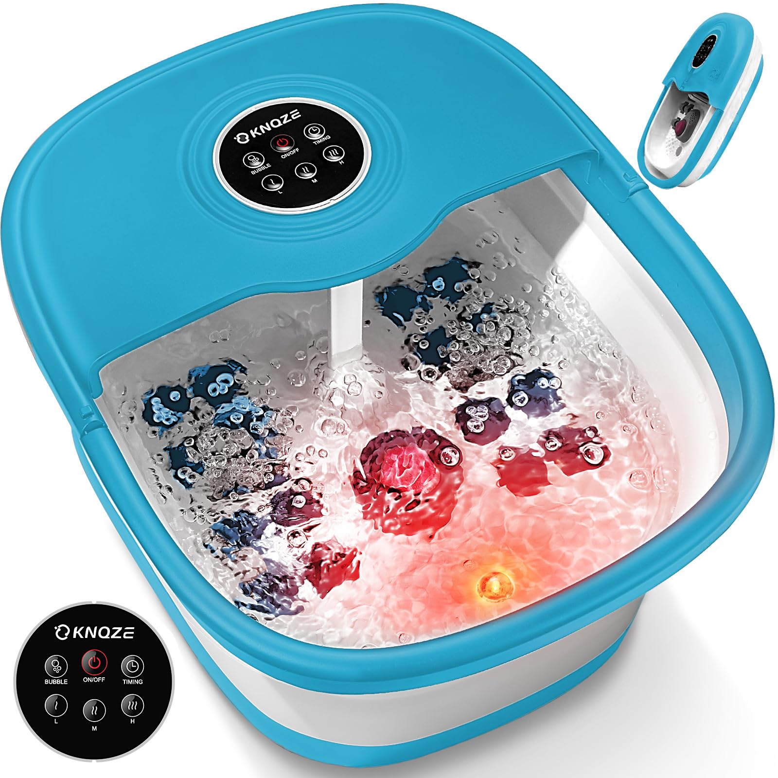 KNQZE Collapsible Foot Spa Bath with Heat & Bubble, Foot Soaking Tub with Timer and Red Light, 16 Rollers & Pumice Stone, Enjoy Warm Water Foot Bath, Gift for Wife and Mom, Blue