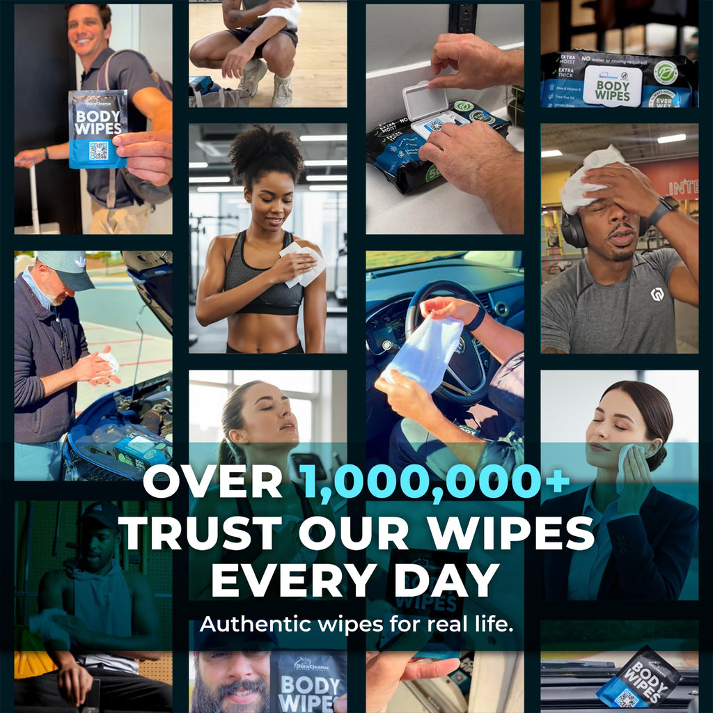 XL Body Wipes for Men - 50 No Rinse Shower Sheets + 4 Travel Bath Sachets - 10 x 11.5" After Gym Mens Deodorant Wipes - Adult Disposable Washcloths, Face Towels for Camping Essentials & Survival Gear