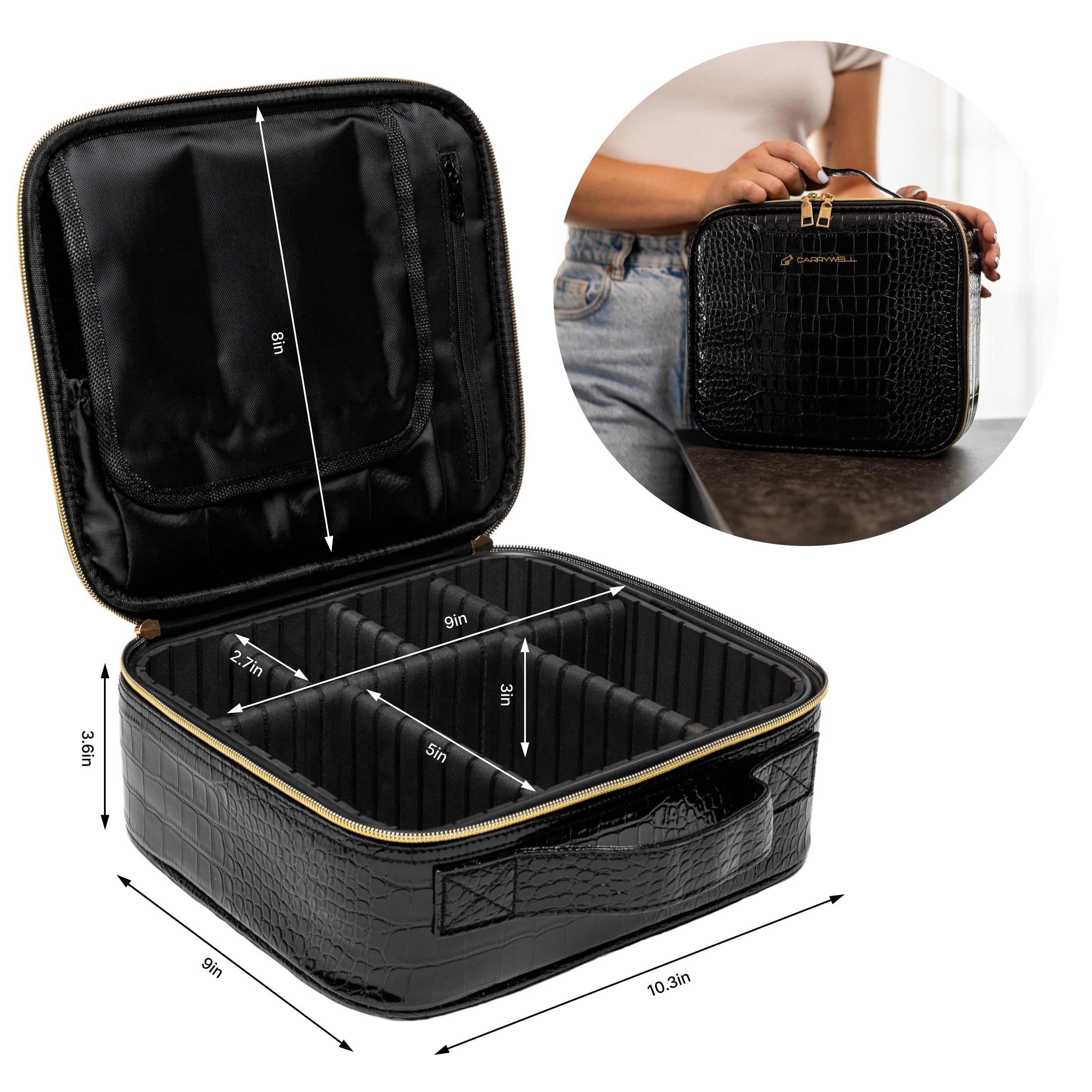 Carrywell Makeup Bag Travel Case, Not-Made In China, Hard Train Case for Cosmetics, Portable Beauty Artists Organizer, Storage Box With Adjustable Dividers For Make Up and Brushes, Small Crocodile
