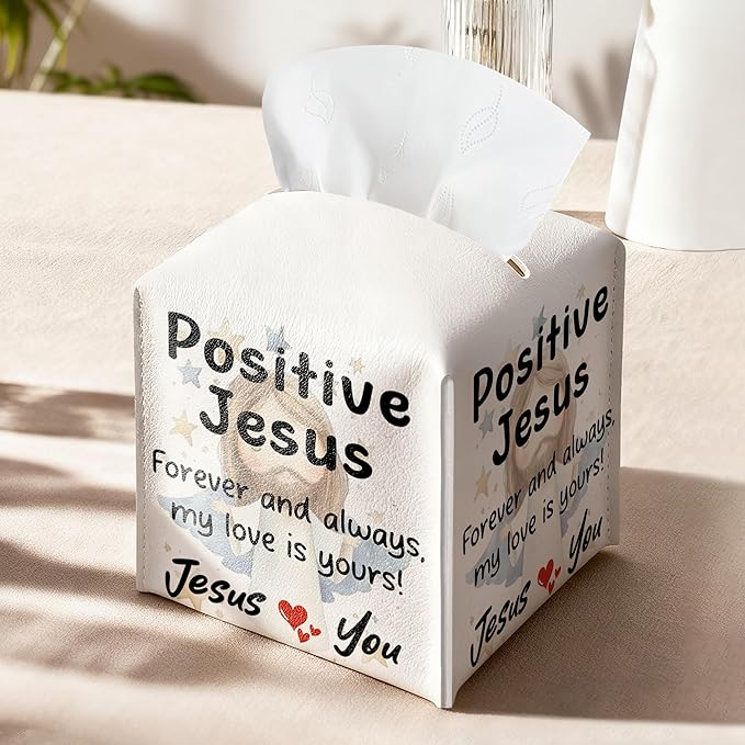 Positive Jesus Tissue Box Cover Square, Catholic Religious Waterproof Leather Tissue Box Holder, Jesus Paper Facial Tissue Box Covers Cube for Office Bathroom Home Prayer Room and Car Decor