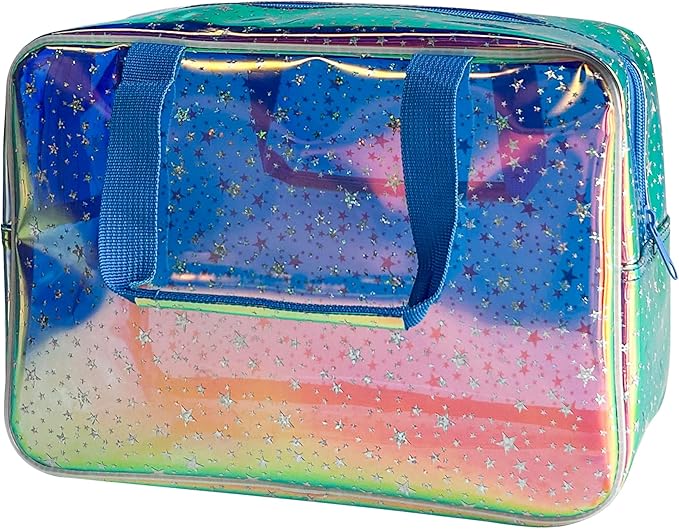 TotePrint Holographic Blue Clear Star Large Cosmetic Bag and TPU Travel Pouch with Handle,Durable Material,Zipper Design-Ideal for Makeup,Travel Essentials (Holographic Blue+Star)
