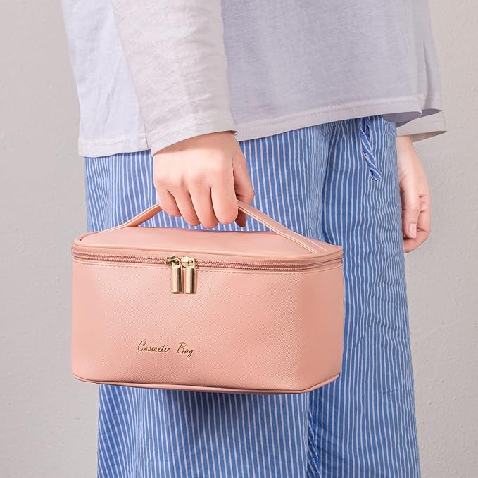 Meiyuuo Travel Makeup Bag for Women, PU Leather Cosmetic Bag, Bright Blue