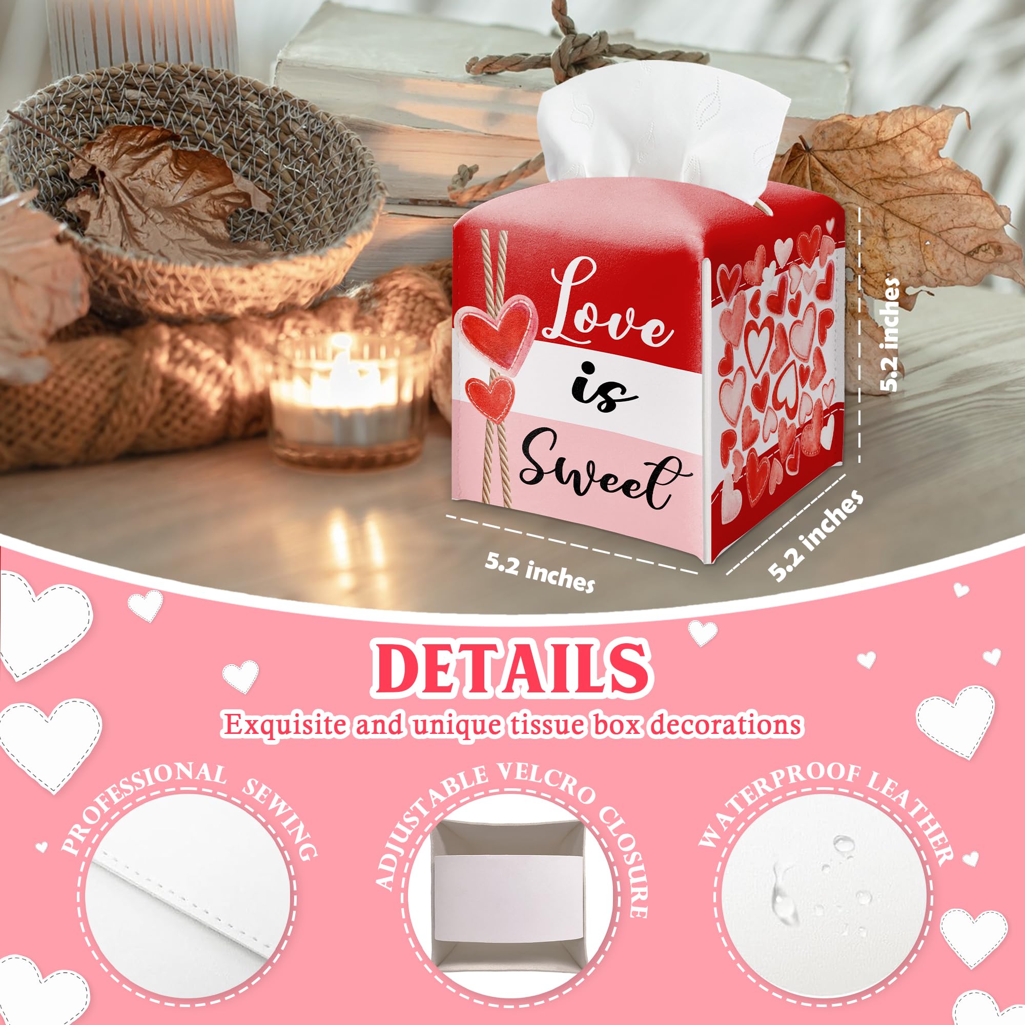 Happy Valentine's Day Red Heart Design Tissue Box Cover - Love Is Sweet PU Leather Waterproof Tissue Holder - Festival Facial Paper Organizer for Home Bathroom Office-Desk Decorative Dispenser Box-B09