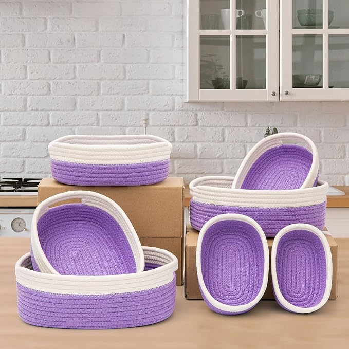 HLWDFLZ 7 Piece Cotton Rope Woven Basket Set - Small Basket for Baby Nursery, Pets, Montessori, Dog & Cat Toy Boxes, Bathroom Organization Bins (White/Purple)