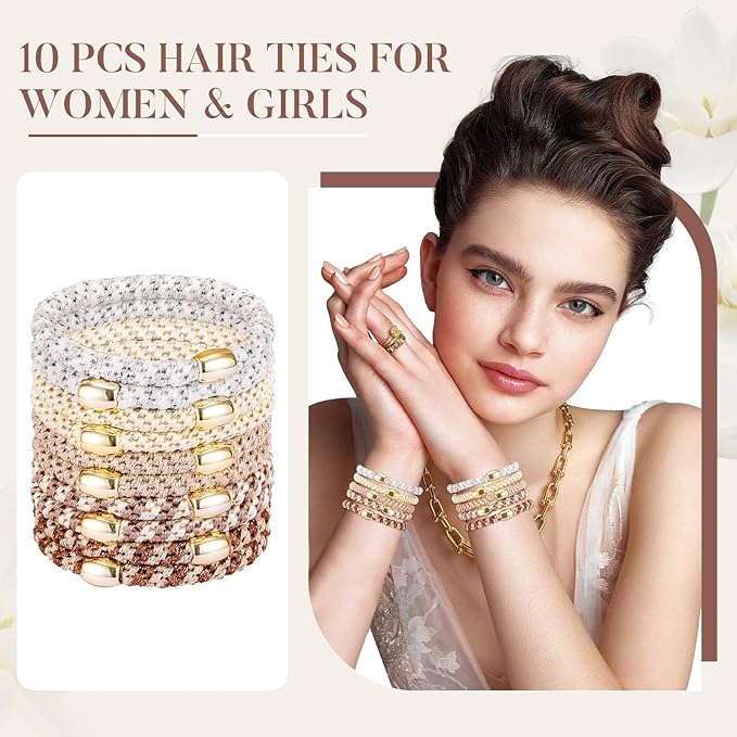 FORENEE Hair Ties No Damage - 10PCS Ponytail Holders - Elastic Hair Ties for Thick Hair - Braided Hair Bands for Women Girls's Hair - Milk apricot color