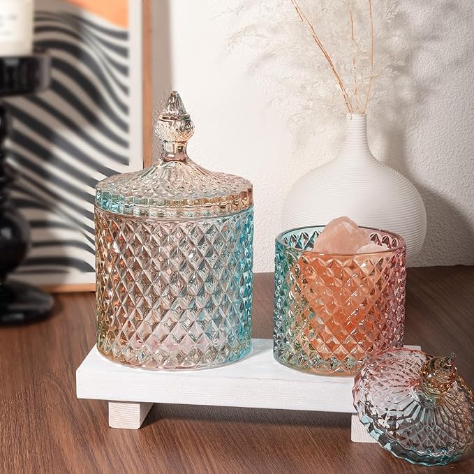 2 Pack Qtip Holder Apothecary Jars with Lid, Small and Large Rainbow