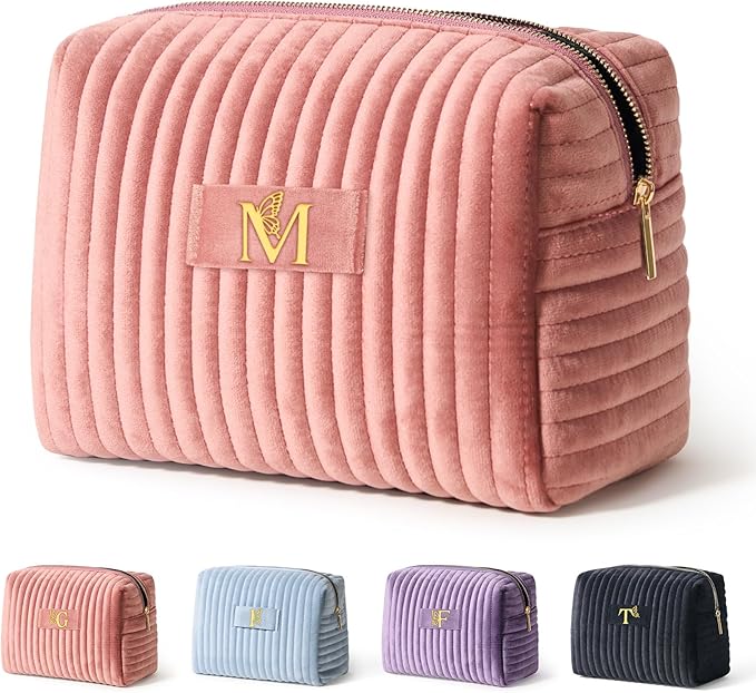 COSHAYSOO Travel Makeup Bag Quilted Make Up Pouch Initial Cosmetic Case with Butterfly Decorations for Women Lipstick Glossier Lipgloss Lip Stain Moisturizer Mascara Eyeliner Organizer Black Letter P