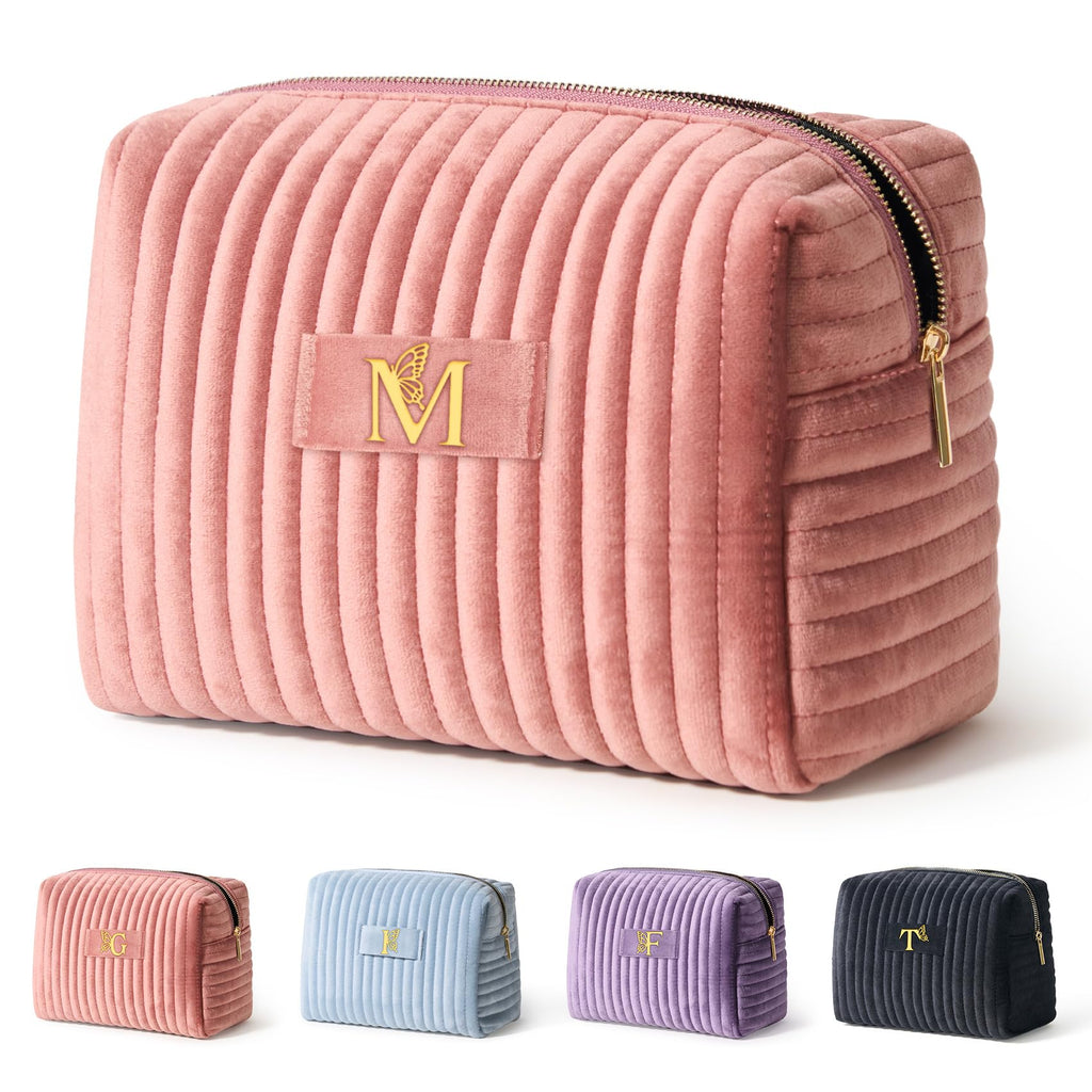 COSHAYSOO Personalized 16th 18th 21st Birthday Valentines Gifts for Women Teens Travel Makeup Bag Make Up Cosmetic Pouch 16 17 18 19 20 21 Year Old Girl College Dorm Essentials Pink Initial Letter M