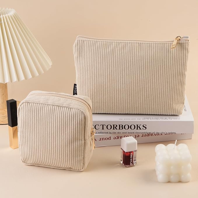 MAGEFY Small Makeup Bag, 2 Pcs Corduroy Makeup Bag for Purse Make Up Organizer Bag Mini Pouch with Slip-in Pockets Aesthetic Preppy Stuff - Beige