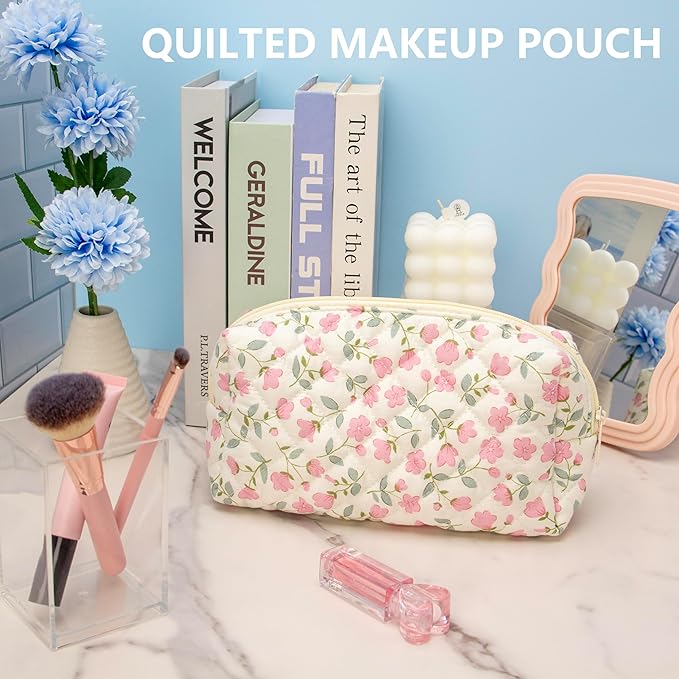 PAZIMIIK Small Quilted Makeup Bag,Zipper Cosmetic Pouch,Floral Pink,2 Pack