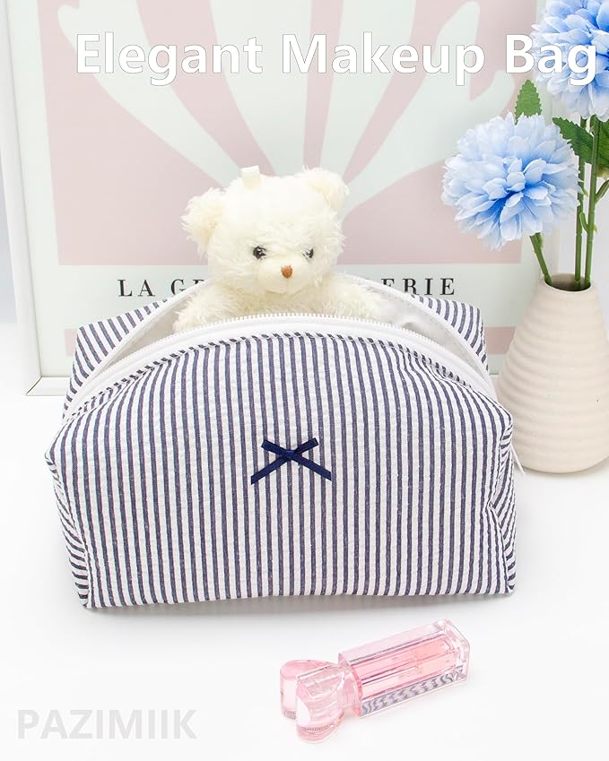 Cozy Makeup Bag for Women,Zipper Cosmetic Pouch,Stripe Navy Blue,2 Pack