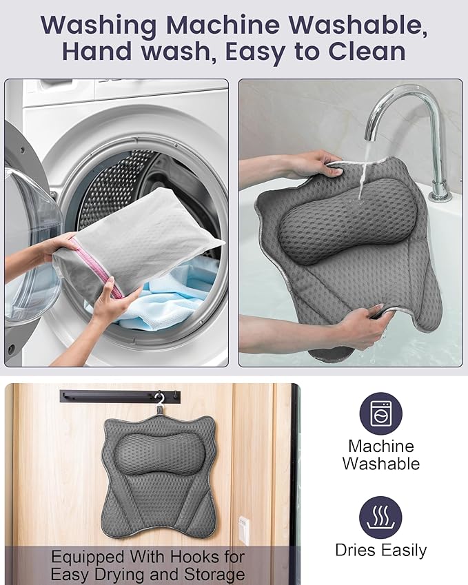 MTDLYICE Bath Pillow, Bath Pillows for Tub Neck and Back Support, Soft 4D Air Mesh Bathtub Pillow 16.5 x 17.3 INCH, with 6 Powerful Suction Cups, Bath Accessories Relaxing Gifts for Women (Grey)
