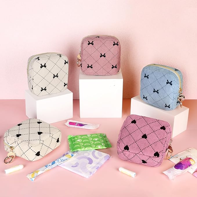 Period Bag for Teen Girls, Corduroy Hearts Sanitary Napkin Storage Bag, Cute Menstrual Pad Pouch Tampon Holder for Purse (Hearts-Beige)