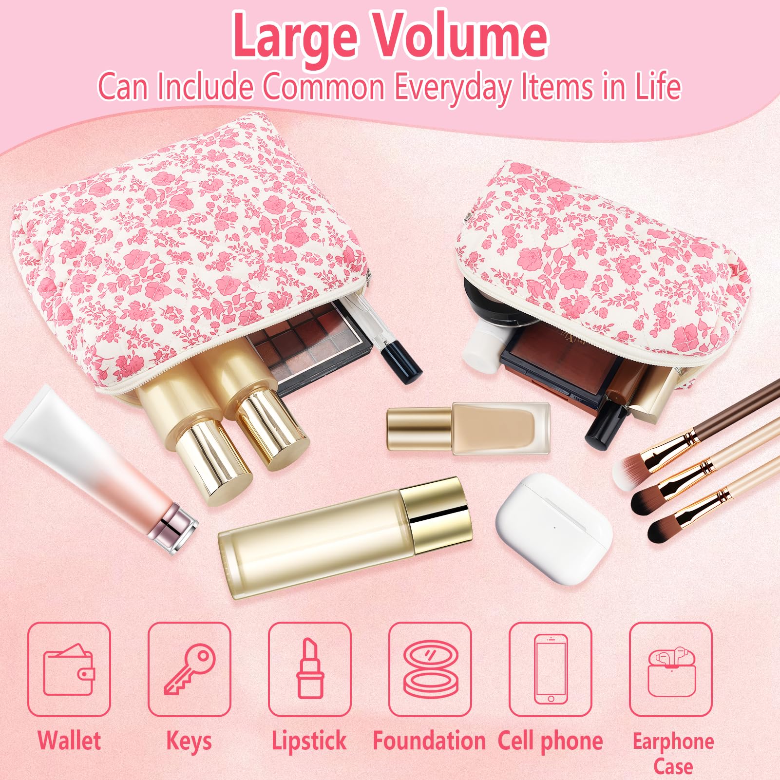 2Pcs Quilted Makeup Bag Set Flower Cute Pencil Case Large Small Travel Makeup Pouch Set for Women Coquette Makeup Bag Aesthetic Cotton Cosmetic Bag Pink Toiletry Organizer Storage Bag Big Zipper Pouch