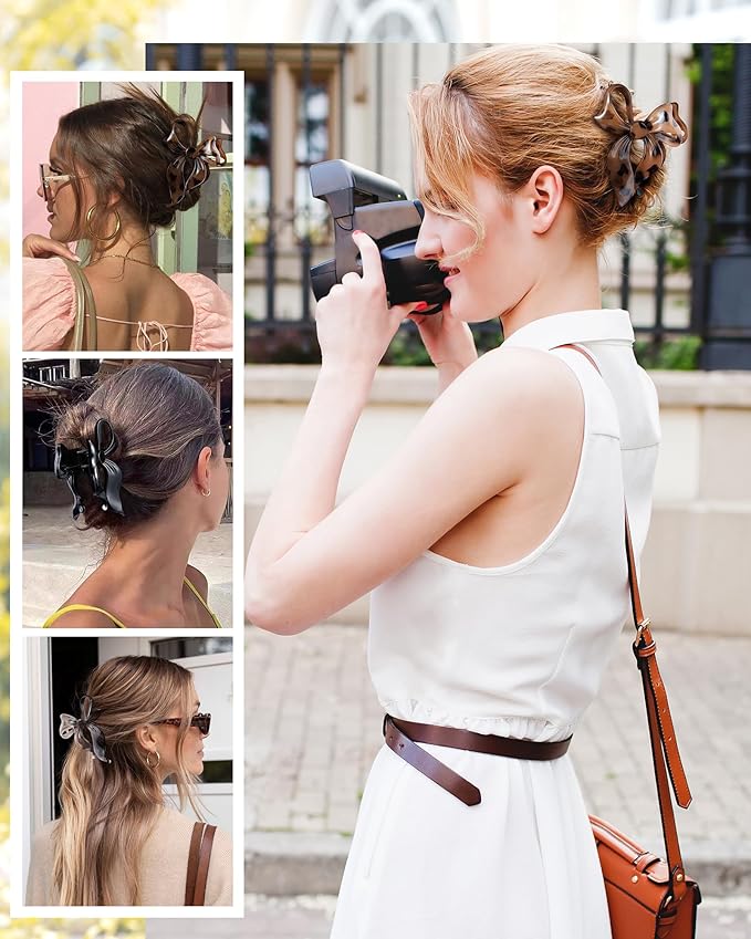 4 PCS Bow Hair Clips Bow Claw Clip for Women, Large Hair Claw Clips for Thin Thick Long Hair Cute Nonslip Bows (Black+Leopard Dark Brown+Leopard Light Brown+Gray)