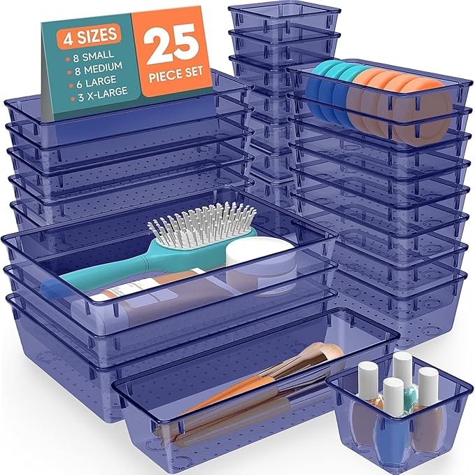 SpaceHacks 25 PCS Plastic Drawer Organizer, 4-Size Versatile Organizer Trays & storage Bins