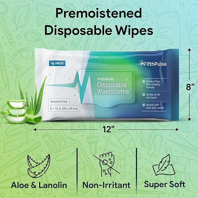 Disposable Body Wipes For Adults 200 Count (5 x 40 Packs) - Premoistened Washcloths For Elderly Bathing Infused With Aloe and Lanolin - Alcohol-Free Adult Wet Wipes, Extra Large 8" x 12" Wash Cloth