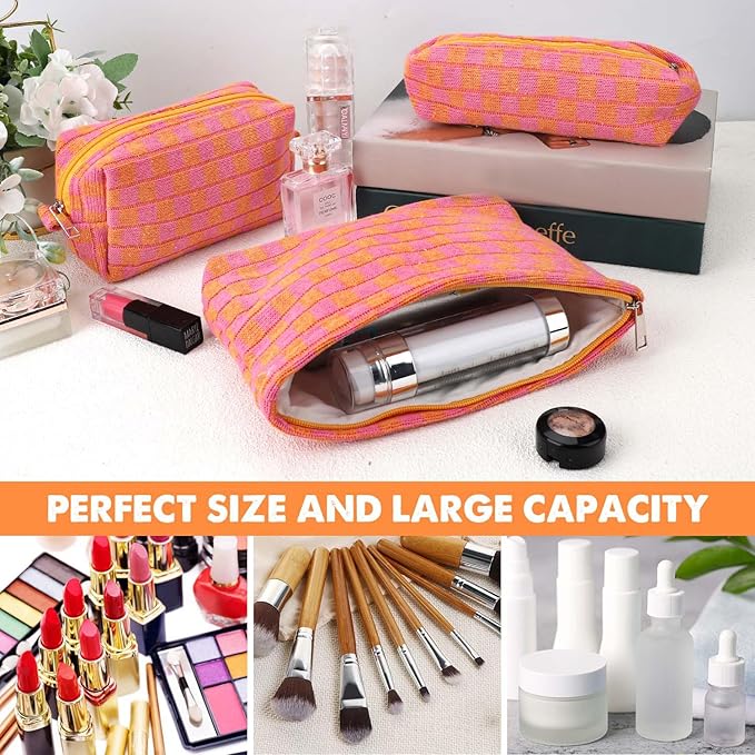 Gocvo 3 Pcs Makeup Bag Checkered Cosmetic Bag Large Capacity Traveling Toiletry Pounch Organizer Cute Makeup Brushes Aesthetic Accessories Storage Bag for Girls Women(Orange-Purple)