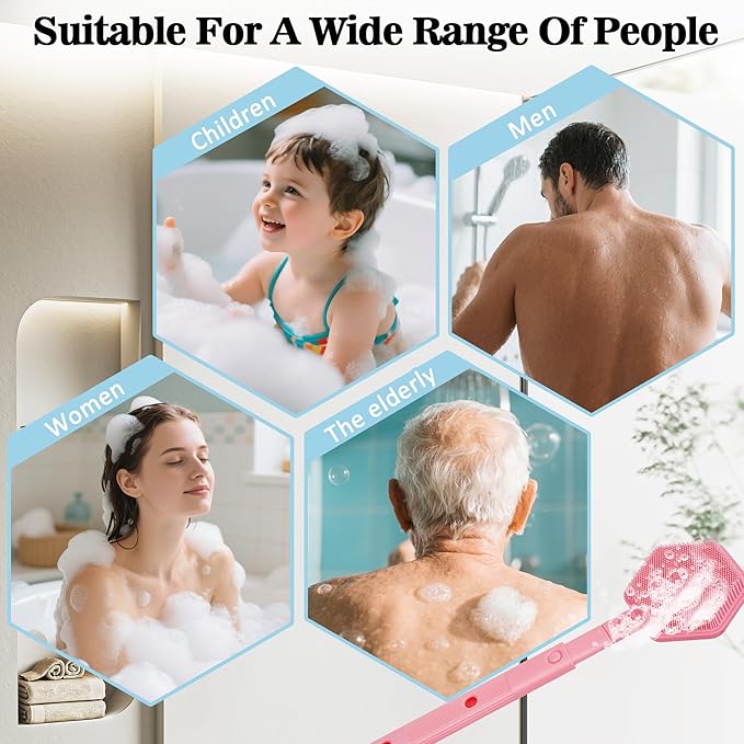 Silicone Back Scrubber for Shower with 21" Extendable Handle-Dual-Sided Long Handle Bath Brush for Exfoliating & Massage–Non-Slip Grip, Gentle&Deep Cleansing Body Brush for Men, Women, Seniors (Pink)