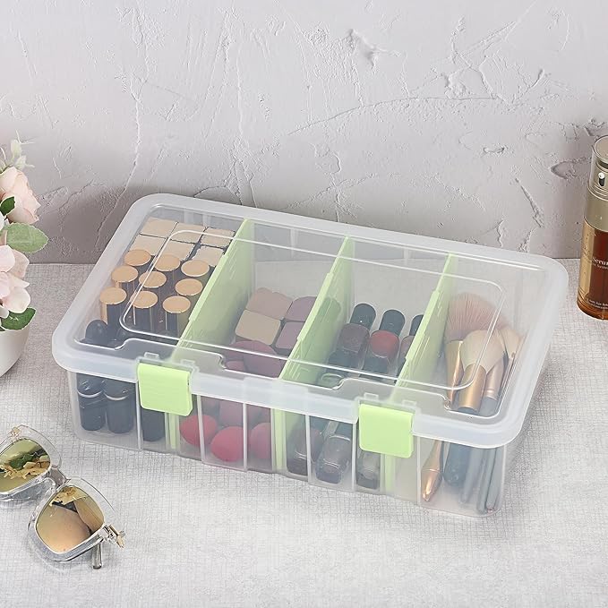 BTSKY Clear Plastic Dividing Storage Box with 4 Compartments Adjustable Storage Bin with Lid Plastic Craft Storage Container Multipurpose Sewing Box Art Supply Organizer, 13.3x8.1x3.4 Inches, Green