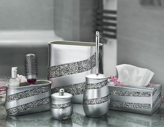 Silver Mosaic Bathroom Counter Vanity Organizer, Countertop Cosmetic Makeup Holder Hair Brush Caddy Hair Accessories Storage, 3-Compartments Decorative Bath Organization (Silver Gray)