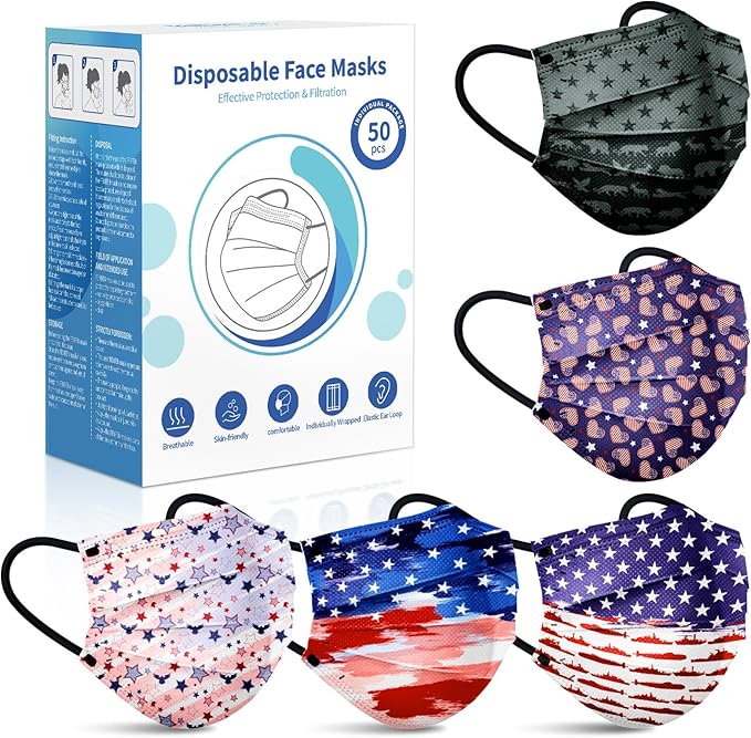 Disposable Face Mask for Adults - USA Flag Designs Masks, 4 Ply Masks Disposable 50 Pack, Colorful Dust Protective Breathable Individually Wrapped FaceMask for Women Men
