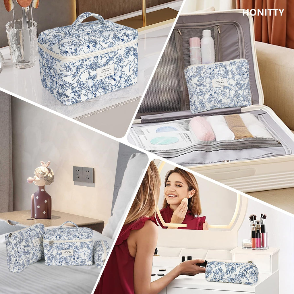 honitty Makeup Bag,Quilted Cosmetic Bags,Large Floral Make Up Organize bag,Makeup Bag Set for Women,Flower Travel Toiletry Bag