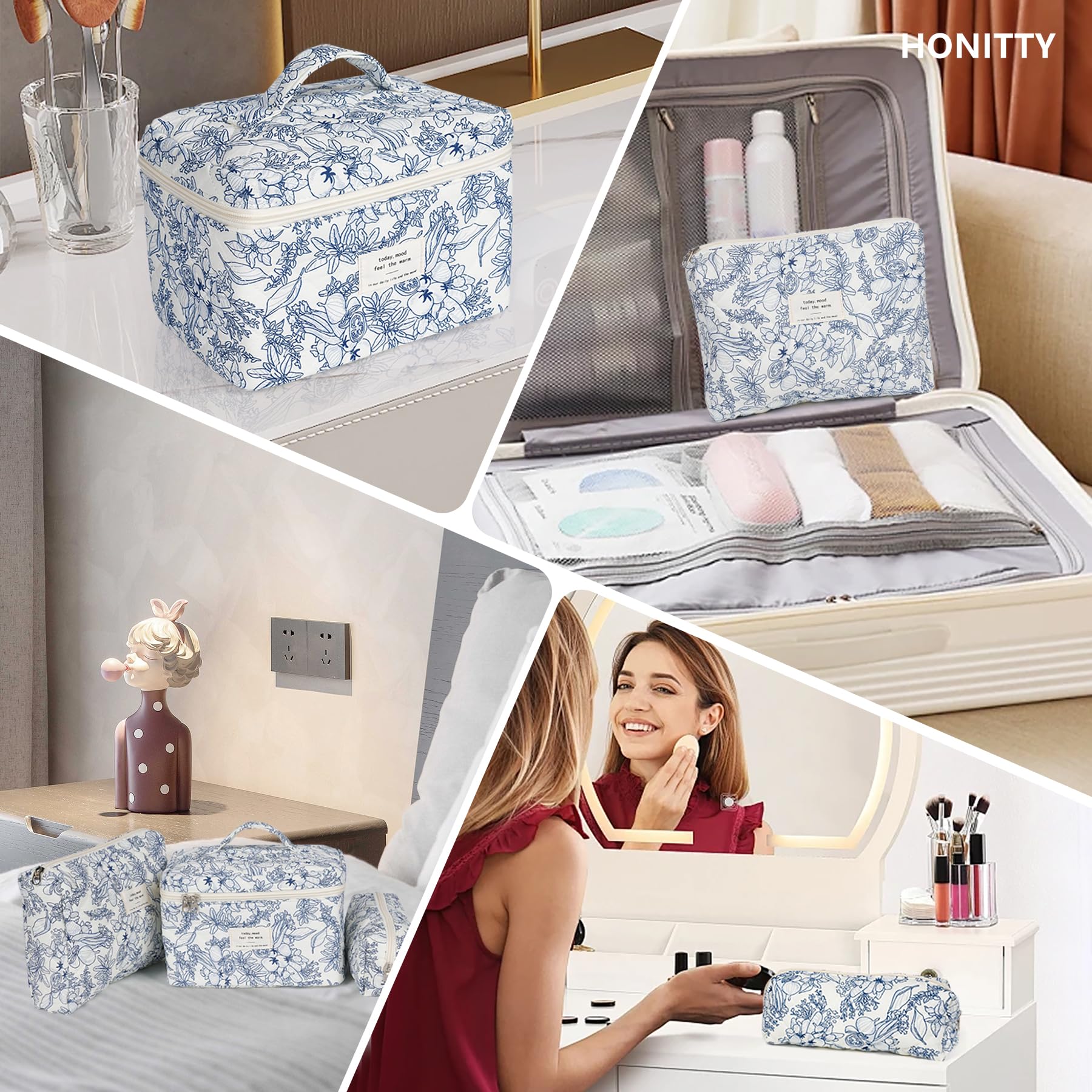 honitty Makeup Bag,Quilted Cosmetic Bags,Large Floral Make Up Organize bag,Makeup Bag Set for Women,Flower Travel Toiletry Bag