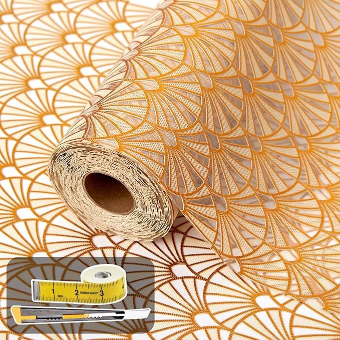 Shelf and Drawer Liner for Kitchen Cabinet,Non-Adhesive Waterproof Oil-Proof Easy Clean Shelf Liner for Dresser & Bathroom Vanities with Adhesive Dots & Cutting Tool(12 in X 30 Ft Gold Fish Scale)
