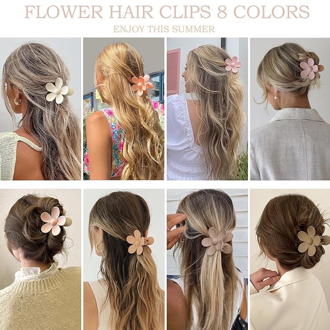 Flower Hair Clips 8PCS, Large Claw Clips for Women Girls Thick Thin Hair, Strong Hold Nonslip Big Dasiy Jaw Clamps Matte Hair Accessories 8 Colors