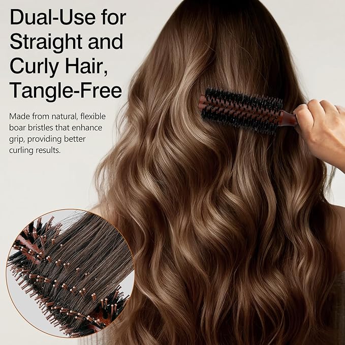 Round Boar Bristle Hair Brush with Wooden Handle Ideal for Styling Medium to Long Hair Thick, Fine, Curly, Or Straight Hair, Enhances Volume and Shine, Brown