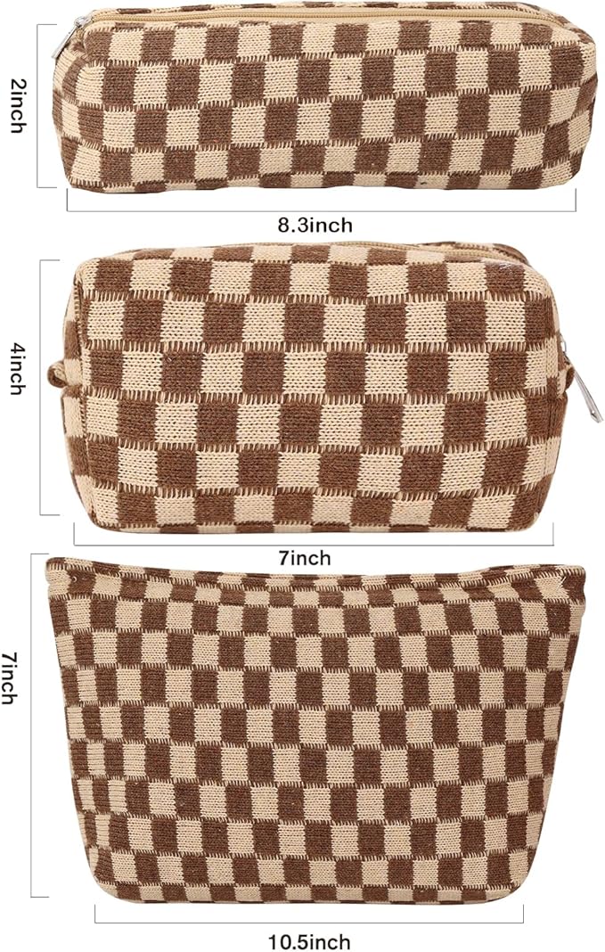 LYDZTION Large Capacity Makeup Bag Set - 3 Pieces Checkered Cosmetic Bag for Women Travel Makeup Bag Organizer Cute Makeup Brushes Storage Bag Travel Toiletry Bag Storage Bag for Women,Brown