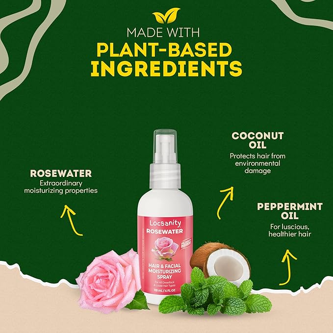 Locsanity Pure Rosewater Hair and Facial Spray – Trial Size Hydrating Face Mist to Soothe, Refresh, and Rejuvenate Skin, Reduce Oil and Buildup (4oz)