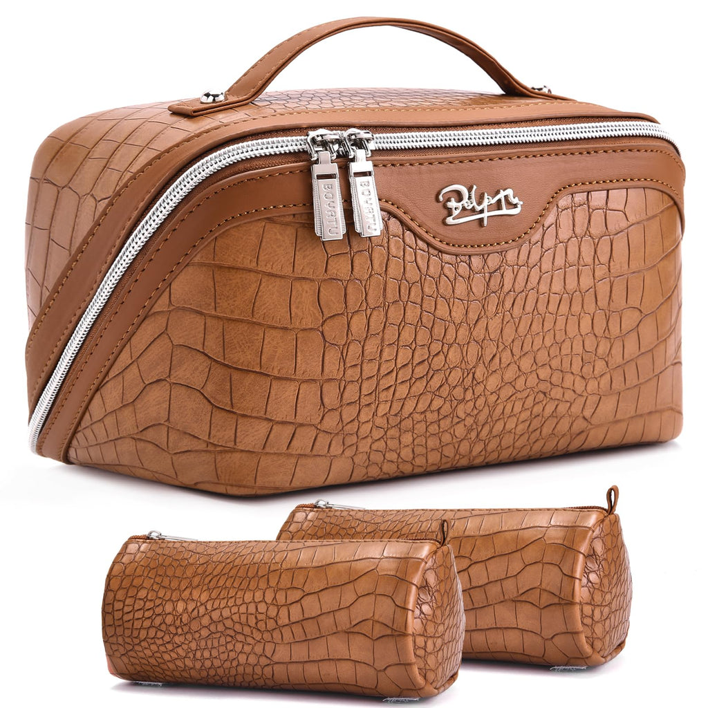 BOYATU Travel Makeup Bag Cosmetic Bags for Women: 3 Pcs Set Large Capacity Make up Bag with Handle - Crocodile Pattern Vegan Leather Toiletry Bags Travel Essentials with Compartments(E-2-Brown)