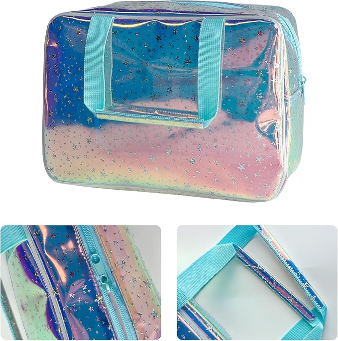 TotePrint Holographic Blue Clear Star Large Cosmetic Bag and TPU Travel Pouch with Handle,Durable Material,Zipper Design-Ideal for Makeup,Travel Essentials (Holographic Blue+Stars)