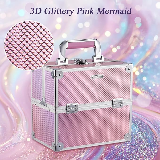 Frenessa Makeup Case Makeup Box Cosmetic Organizer Case Portable Make Up Artist Travel Case Storage Box 4 Trays with Dividers Lockable Hard Train Case Nail Tech Supply Storage Mermaid Pink