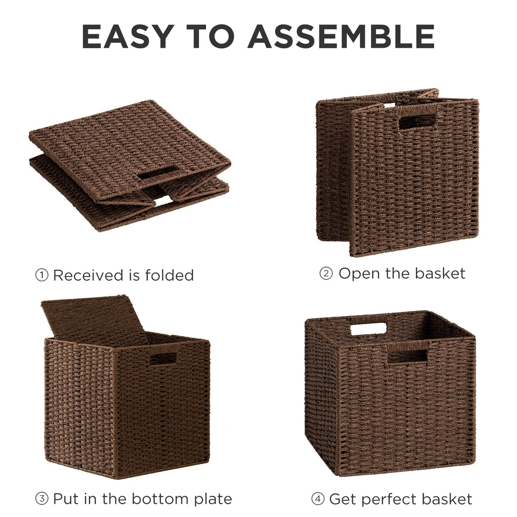 UBBCARE 3 Pack Wicker Basket, 11L×11H×10.5W inch Woven Paper Rope Storage Baskets for Shelves, Foldable Cube Storage bin with Handle, Storage Basket for Organizing & Decor, Brown