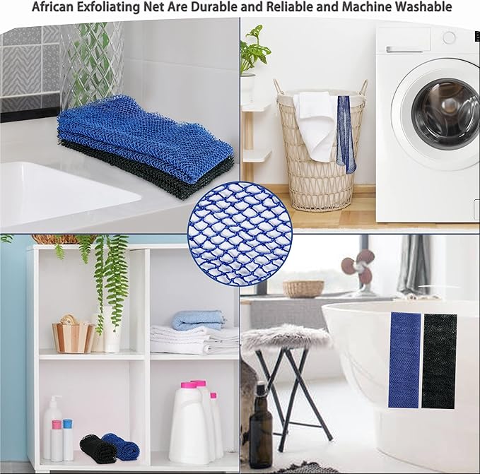 African Net Sponge, 2 Pieces Exfoliating Premium Nylon Bathing/Wash Net for Daily Back Body Scrub Scrubber Shower Net (Black, Blue) …
