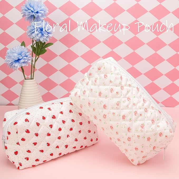 PAZIMIIK Small Quilted Makeup Bag,Zipper Cosmetic Pouch,Gauze Rose,2 Pack