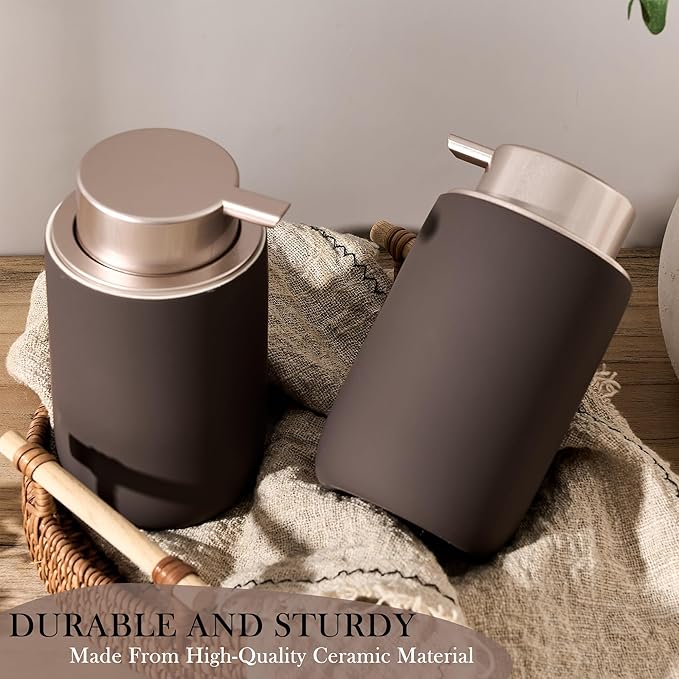 GIRLUFO Foaming Soap Dispenser with Plastic Pump,12oz Foam Dispenser Bathroom,Kitchen Foam Soap Dispenser,Brown Hand Soap Bottle(Rubber Paint& Ceramic)