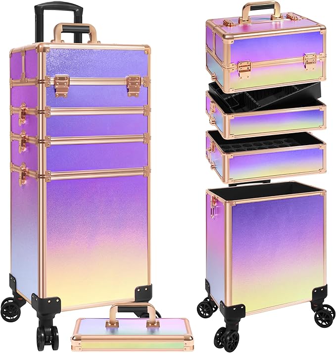 JINGUAN Professional Rolling Makeup Train Case with Lid, 5 in 1 Cosmetology Case on Wheels, Large Cosmetic Trolley Organizer Travel for Hairstylist Artist Nail Beauty Salon Barber, Colorful