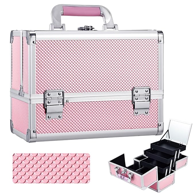 Joligrace 3-Tray Makeup Case with Mirror & Brush Holder, 11.6" Mermaid Pink