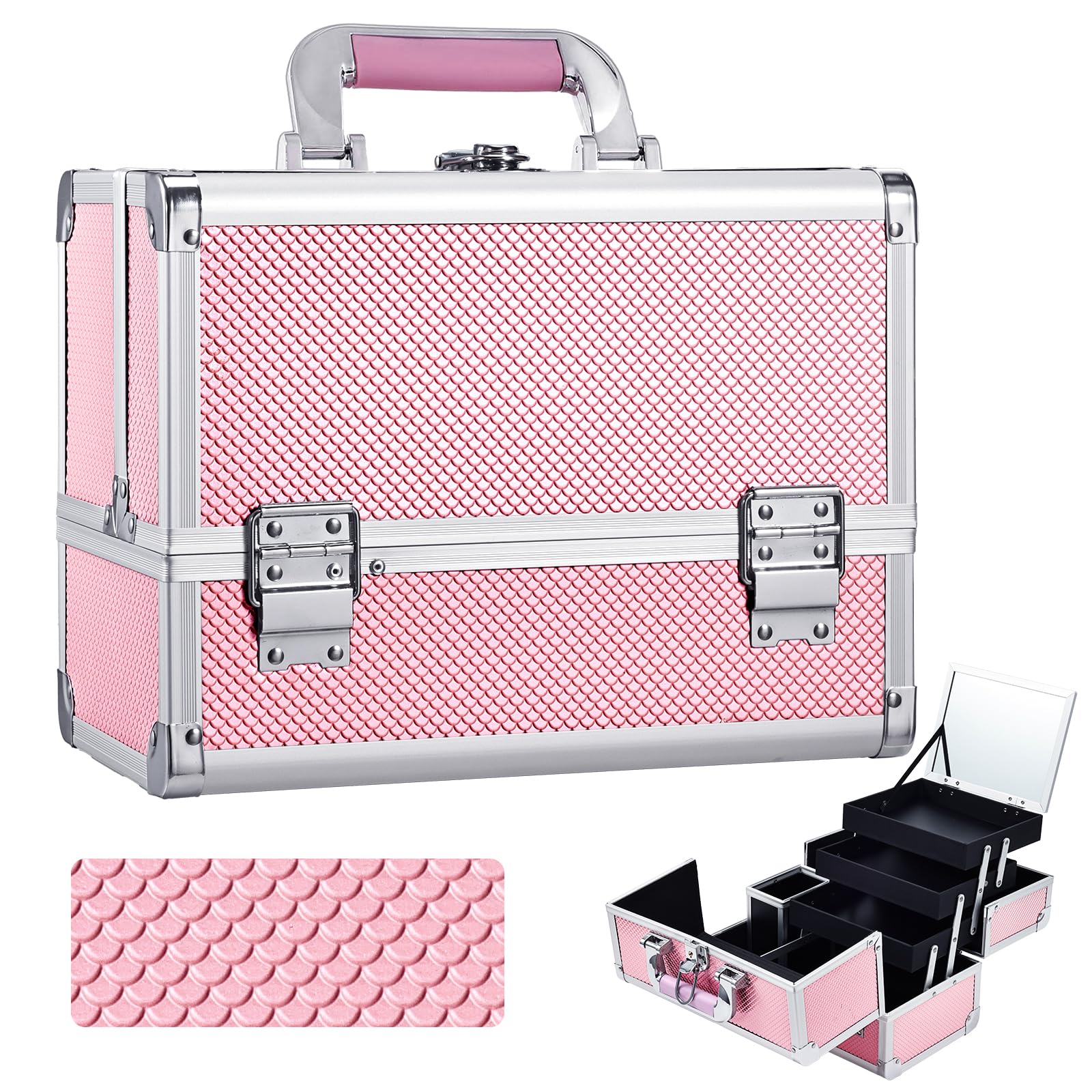 Joligrace 3-Tray Makeup Case with Mirror & Brush Holder, 11.6" Mermaid Pink