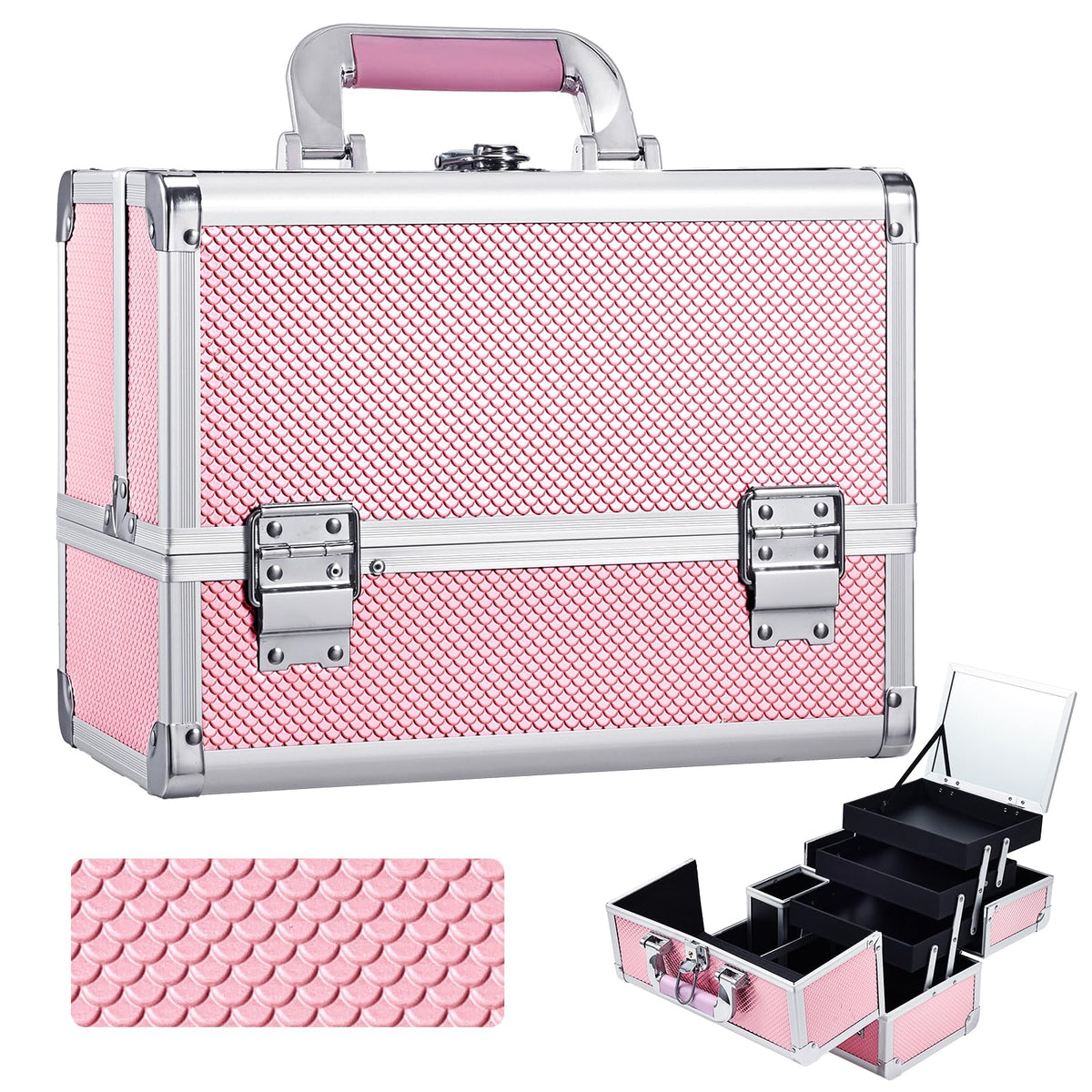 Joligrace 3-Tray Makeup Case with Mirror & Brush Holder, 11.6" Mermaid Pink